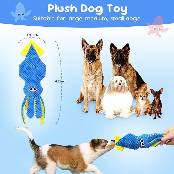 wodoca Squeaky Dog Toy, Dog Puzzle Training Enrichment Crinkle Snuffle Treat Dispensing Stuffed Plush Chew Toys to Keep Them Busy, Interactive Tug of War Doggie Toy for Small Medium Breed - Squid