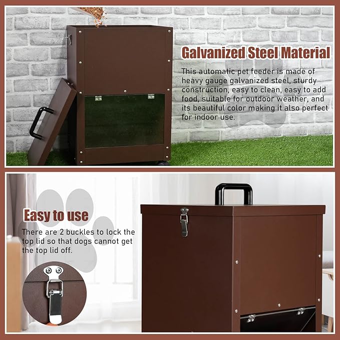 Galvanized Automatic Dog Feeder Large Breed 45 Pounds, Metal Dog Food Gravity Feeder Extra Large Automatic Pet Feeder, Easy to Move with Wheels