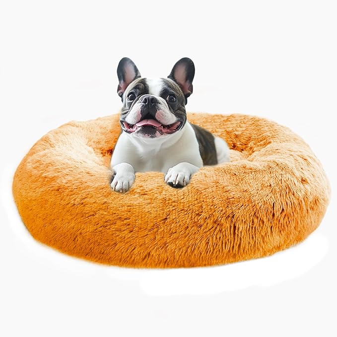 JOLLYVOGUE Calming Dog & Cat Bed for Small Dogs, Anti-Anxiety Donut Cuddler Cozy Soft Round Bed with Anti-Slip Bottom, Fluffy Faux Fur Plush Cushion Beds for Small Medium Dogs (27")