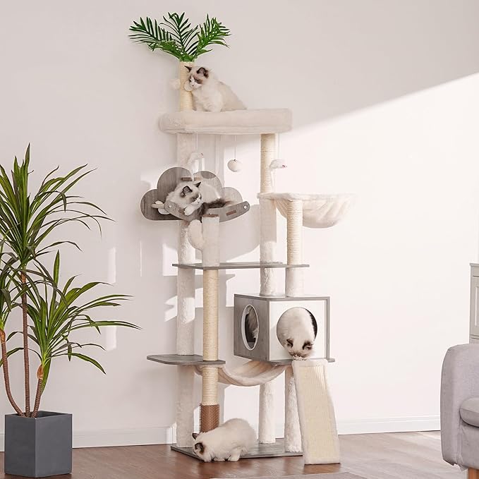 Heybly Wood Cat Tree for Indoor Cats, Cat Condo for Large Cats with Self Groomer, Modern Cat Scratching Tower with Basket, Hammock, Dangling Ball and Leaves, Rustic Gray HCT120SG