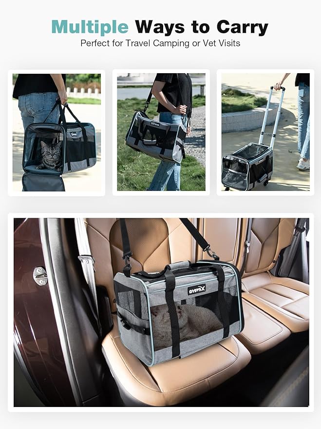 Cat Dog Carrier with Wheels Rolling Pet Carrier with Telescopic Handle, Shoulder Strap and Pet Bowl, Grey