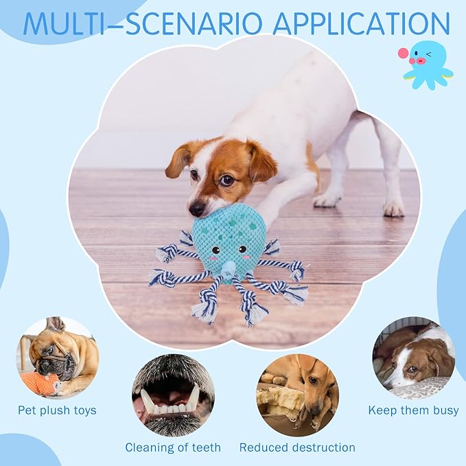 SCENEREAL Tug of War Stuffed Dog Toys for Small Medium Large Dogs,Squeaky Interactive Dog Chew Toys, Durable Dog Toy Keep Them Busy Chew Guard Technology with Rope for Training Indoor(Octopus, Blue)