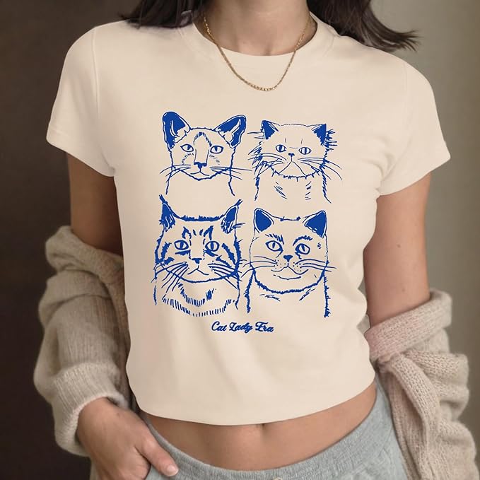 Y2k Baby Tees for Women Cute Cat Lady Era Graphic Grunge Crop Tops Vintage T Shirts Retro Aesthetic Tee Top