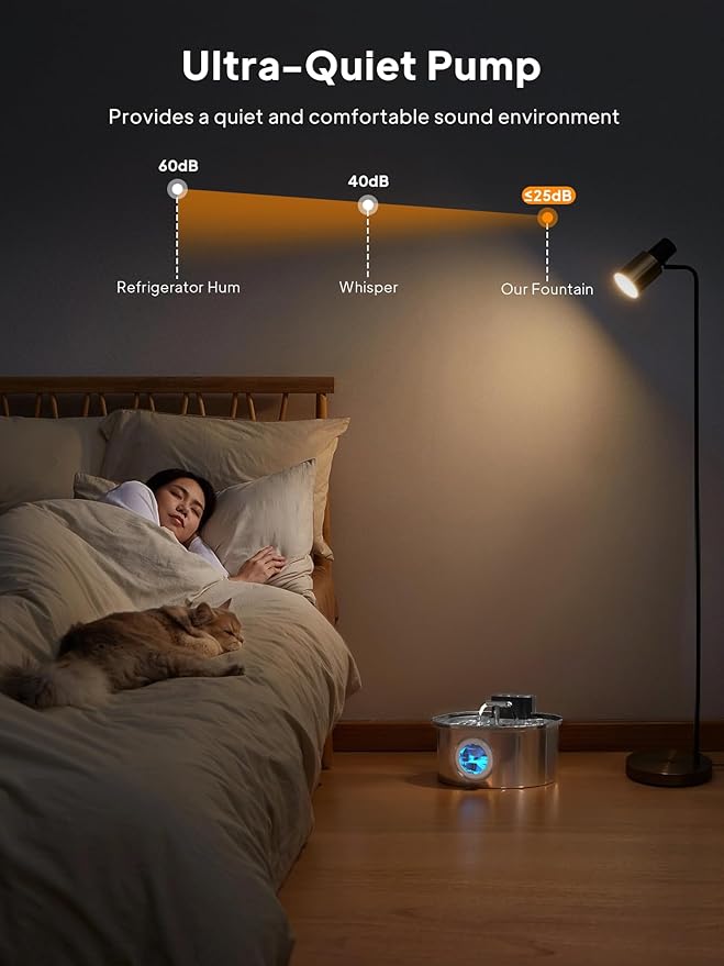Voluas Stainless Steel Cat Water Fountain: 108oz/3.2L 3-Modes Pet Drinking Fountain Wireless Indoor Cordless Kitty Super-Silent Sensoring Fountain with Dual Water Outlet