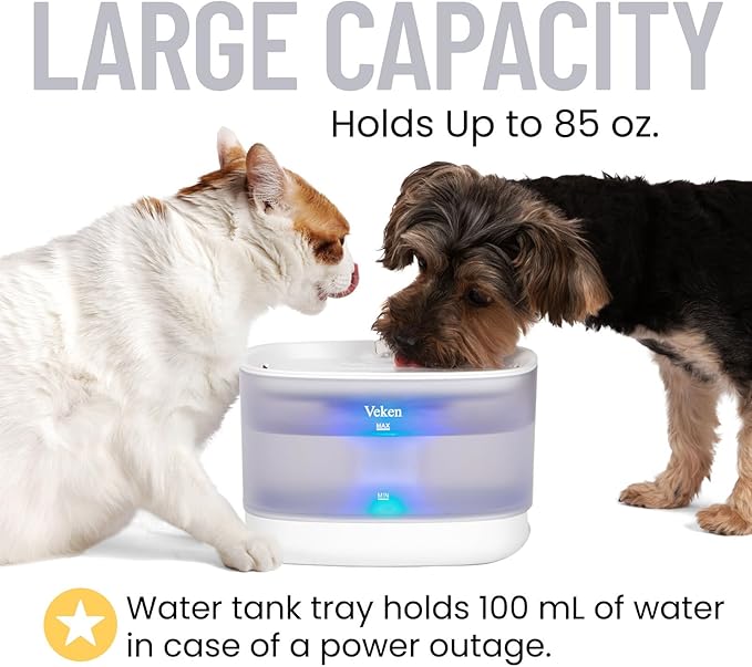 Veken Cat Water Fountain with Detachable Tank, Easy to Clean & Assemble, 84oz/2.5L Automatic Pet Drinking Dispenser with Quiet Operation & LED Light for Cats, Dogs and Small Pets, White