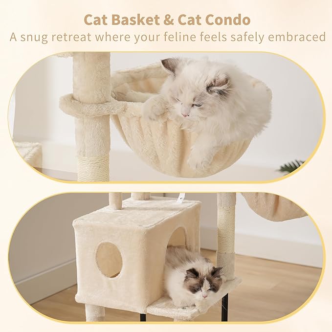 Heybly Cat Tree, 49.2 Inches Cat Tower for Indoor Cats, Spacious Cat House Condo with Hidden Space,Sturdy Steel Tube,Soft Plush Top Perch,Cozy Hammock and Sisal Scratching Posts, Beige HCT200SM