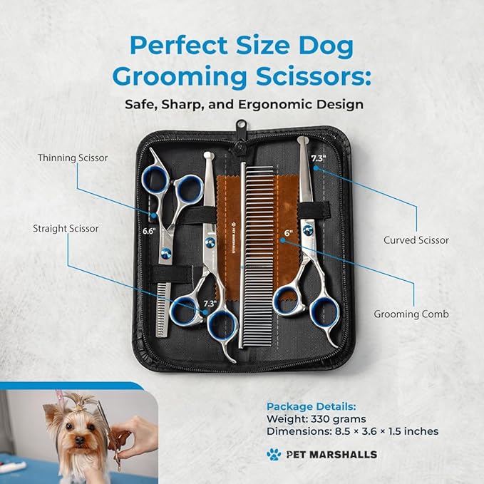 Professional Pet Grooming Kit 5-in-1 - Stainless Steel Trimming Scissors Set with Straight Hair Comb for Small and Large Pets