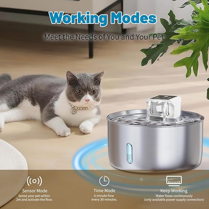 Automatic Wireless Pet Water Fountain - 7L/236oz Slow Water Bowl for Cats & Dogs, Motion Sensor Stainless Steel Dispenser with Quiet Pump, Cordless Filtered Water Bowl for Continuous Fresh Flow