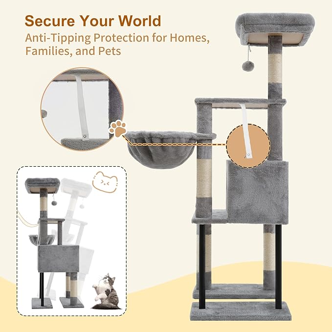 Heybly Cat Tree, 49.2 Inches Cat Tower for Indoor Cats, Spacious Cat House Condo with Hidden Space,Sturdy Steel Tube,Soft Plush Top Perch,Cozy Hammock and Sisal Scratching Posts, Light Gray HCT200SW