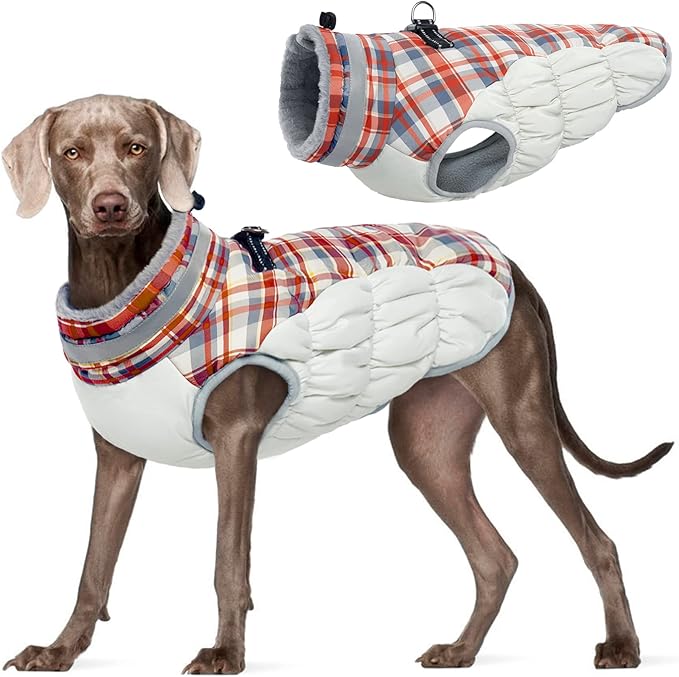 FUAMEY Dog Coat for Large Dogs,Waterproof Dog Winter Jacket with Harness Built in Puppy Cold Weather Coats Reflective Pet Vest with Zipper Warm Fleece Dogs Snowsuit Windproof Red Plaid XXXL