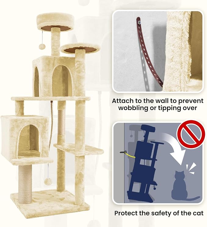 58.5inch Large Cat Tree Tower Condo for Indoor Cats, Soft Plush Multi-Level Climbing Tree Cat House, Scratching Post, More Entrance/Exit, Sisal Rope, Beige Almond