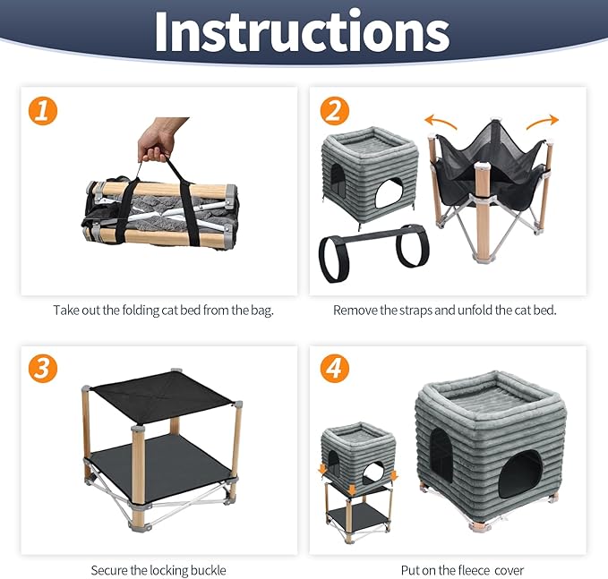 Pozico 2-Tier Collapsible Cat Beds & Furniture, 2 Layer Pine Construction Cat Hammocks, Cat Houses for Indoor Cats, Cat Bed Cave for Multiple or Large Cats up to 30 lbs, All-Season Comfort-Grey-S