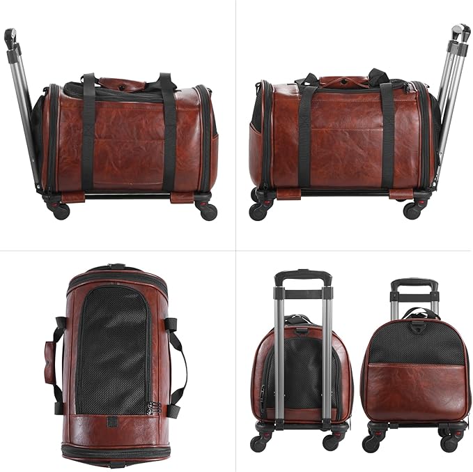 Leather Pet Carrier with Wheels, Airline Approved Travel Bag for Small Dogs & Cats Under 15 lbs, Rolling Pet Carrier for Airplane, Camping & Outdoor Coffee