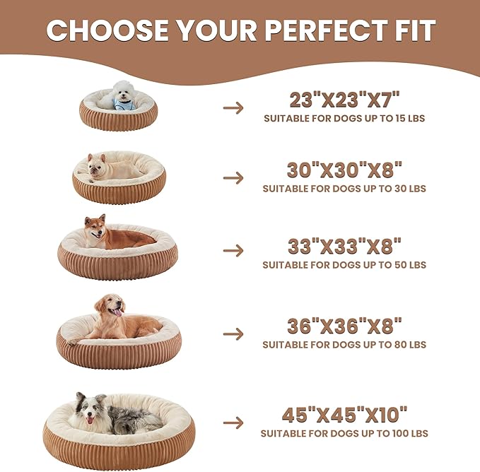 45 inches Donut Dog Bed for Extra Large Dogs,Calming Round Jumbo Pet Bed with Removable Cover, Washable Milk Plush Faux Fur, Fits Pets up to 100 lbs(Brown,XL)