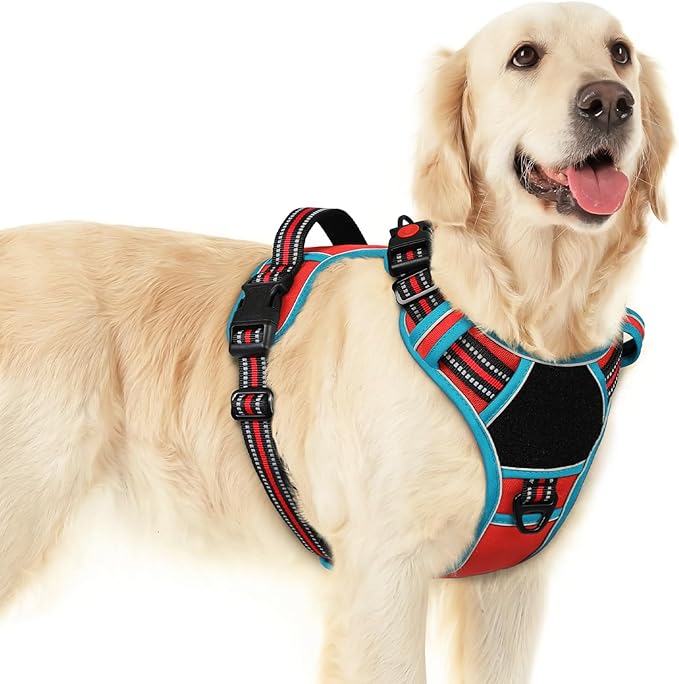 Eagloo Dog Harness for Large Dogs, Easy Wearing with 3 Buckles, Adjustable No Pull Pet Harness with 2 Rings for Walking, No Chock Reflective Soft Padded Vest with Control Handle, Red & Teal, L