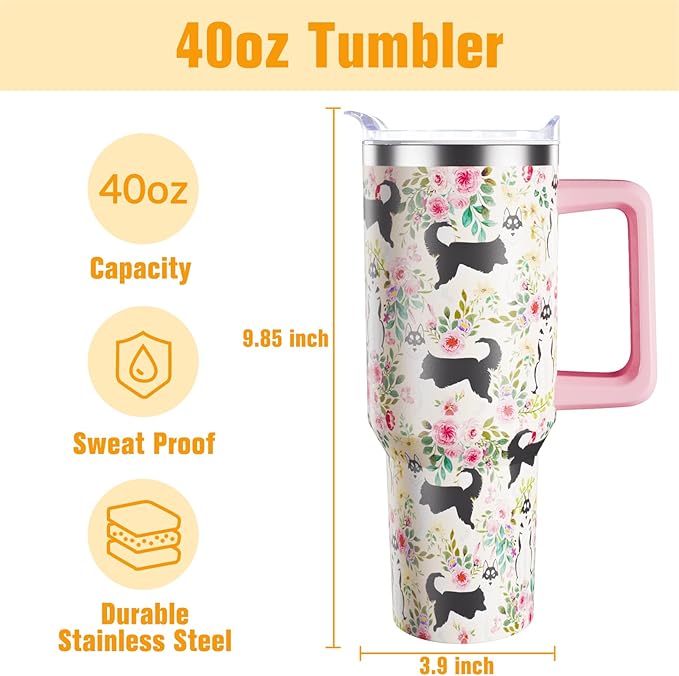 Husky Gifts for Women Dog Lovers 40 oz Floral Husky Tumblers with Handle and Straw, Stainless Steel Vacuum Insulated Travel Coffee Mug Cup Water Bottle