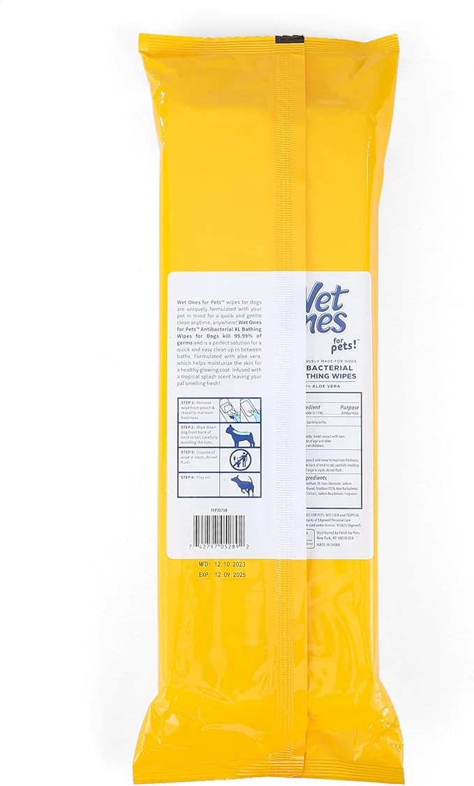 Wet Ones for Pets Multipurpose Dog Wipes with Aloe Vera, Tropical Splash Scent - Extra Large Pet Bathing Wipes with Wet Lock Seal for Dog Paws & All Over Use, 10 Count