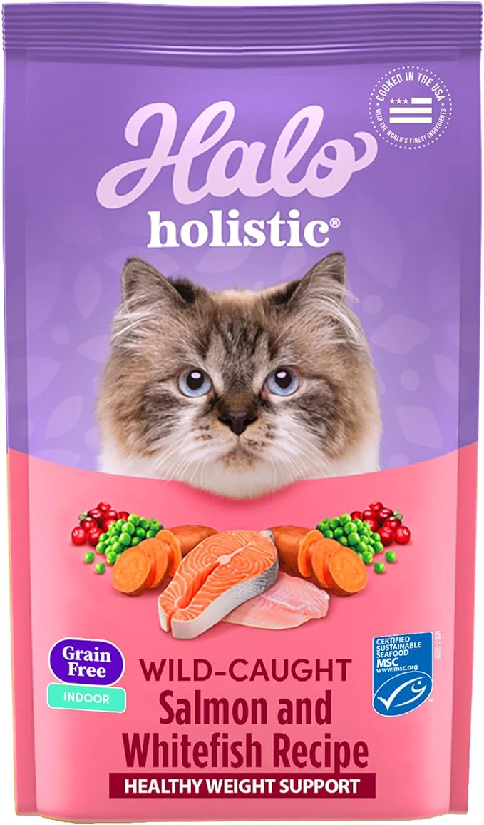 Halo Holistic Cat Food Wild Caught Salmon & Whitefish Formula, Grain Free Dry Cat Food, For Healthy Weight Support, Kibble for Indoor Cats, 10 lb Bag