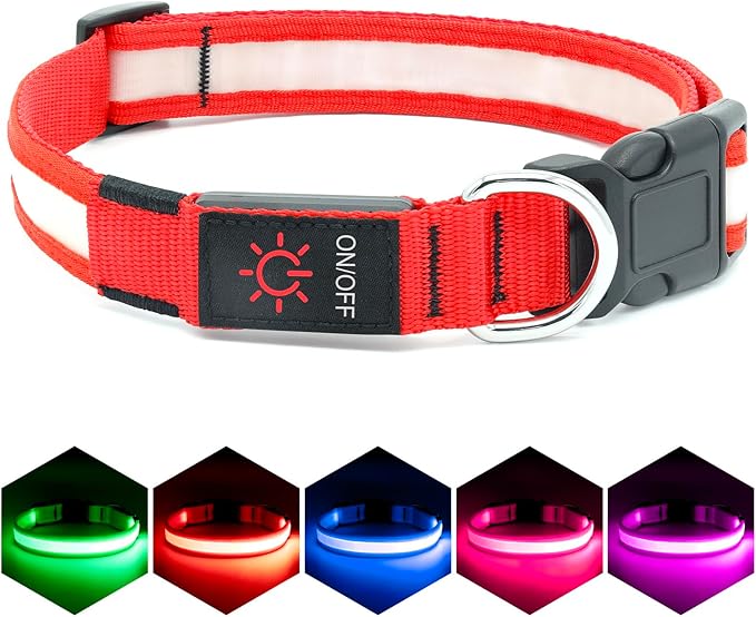 Vizpet LED Dog Collar, Light Up Dog Collar Adjustable USB Rechargeable Super Bright Safety Light Glowing Collars for Dogs(Medium,Red)