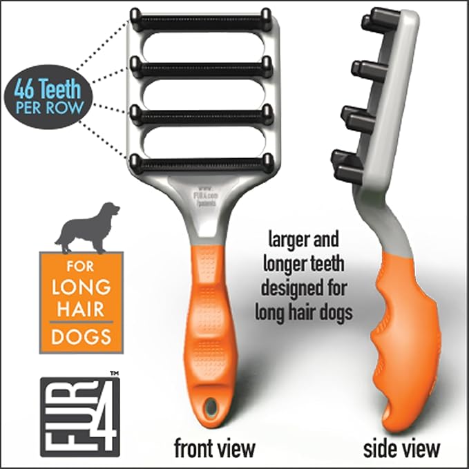 FUR4 deShedding Dog Brush for Long Hair Dogs - Dog Grooming Tools with 4 Composite Carbon Fiber Edges to Remove Loose Fur & Reduce Shedding - Gentle & Effective Grooming Brush for Long Hair Dogs