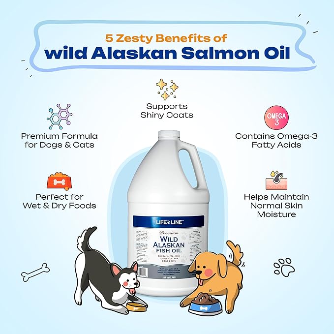 Life Line Pet Nutrition Wild Alaskan Fish Oil for Dogs and Cats 128oz – Omega 3 Fish Oil Supplement for Skin & Coat, Brain, Eye & Heart Health