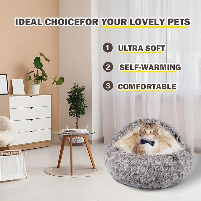 Cat Bed Calming Cat Beds,Indoor Washable Cat Bed,Anti-Slip Faux Fur Fluffy Cuddler Anxiety Cat Bed,Warming Cuddler Cushion Bed for Small Medium Dogs and Cats (Khaki, 24 * 24inch)