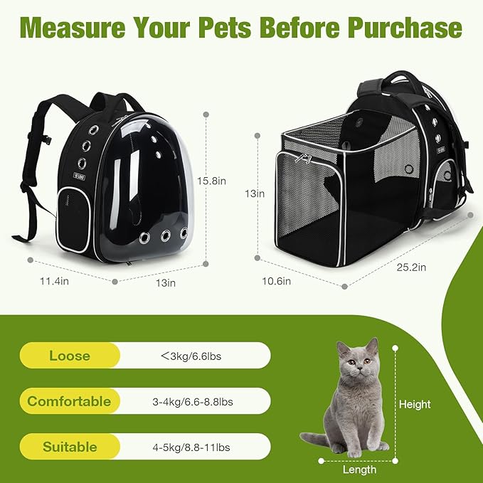 Lekereise Cat Backpack Carrier, Expandable Large Space Cat Bubble Backpack for Kitty Small Dog up to 18lbs, Transparent Pet Carrier for Travel, Hiking, Walking & Outdoor, Black