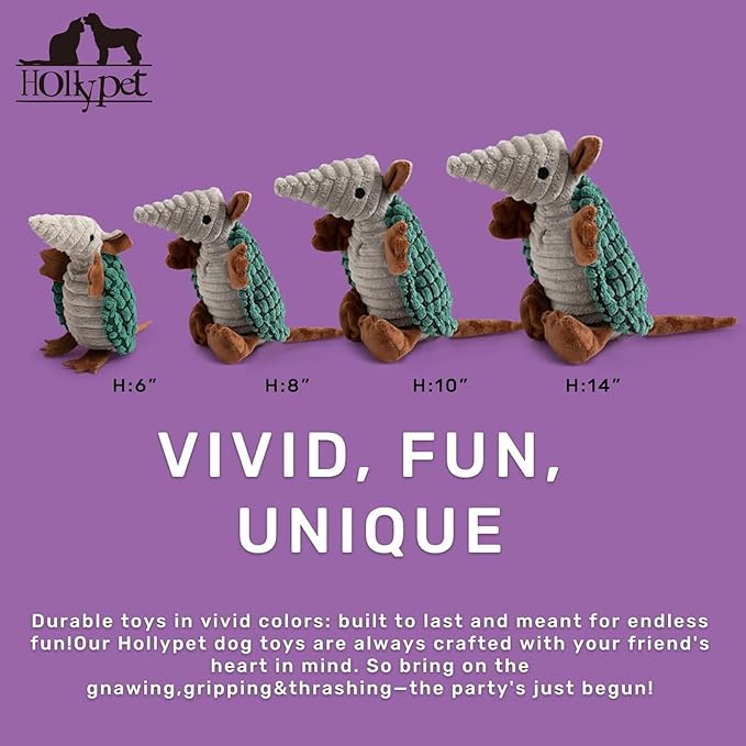 Hollypet Plush Dog Squeaky Toy Stuffed Armadillo Animal Pet Puppy Chew Toys with Clean Teeth for Small Medium Large All Breed Sizes Dogs, Deep Green, 10in