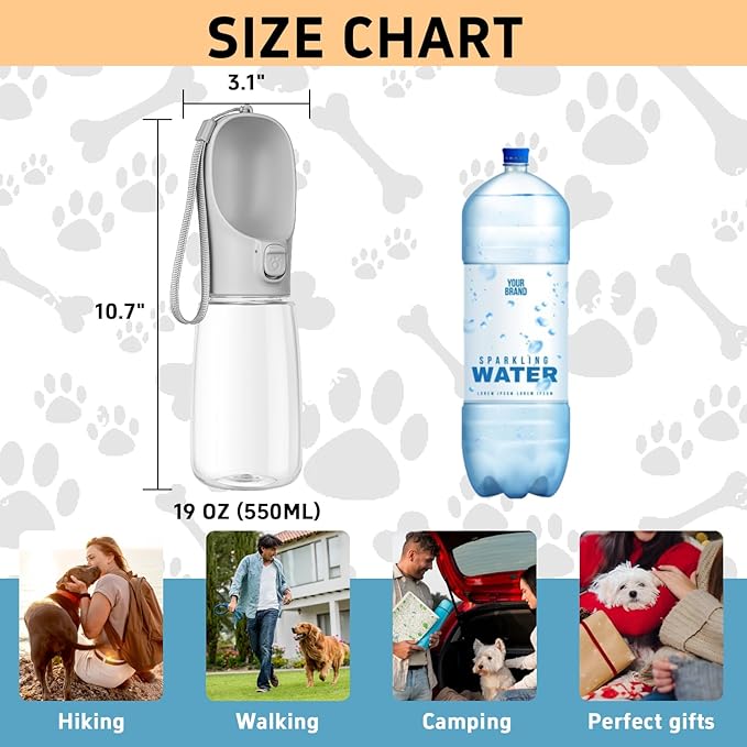Portable Dog Water Bottle with Bowl, Leak Proof, Convenient for Walking, Hiking and Camping (Gray, 19oz)
