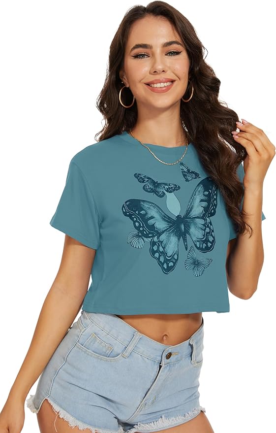 Womens Summer Crop Tops Short Sleeve Round Neck T-Shirts Loose Fit Casual Blouse