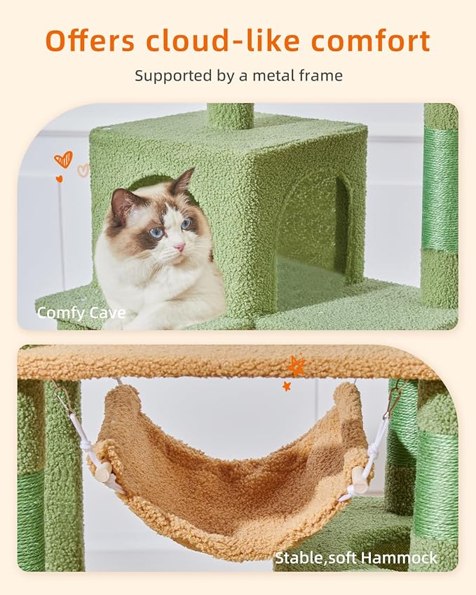 Taoqimiao Cat Tree, 71-Inch Cat Tree Cat Tower for Indoor Cats, Plush Multi-Level Cat Condo with 10 Scratching Posts, 2 Perches,Basket, 2 Caves,Hammock, 2 Pompoms,MS020T Cactus