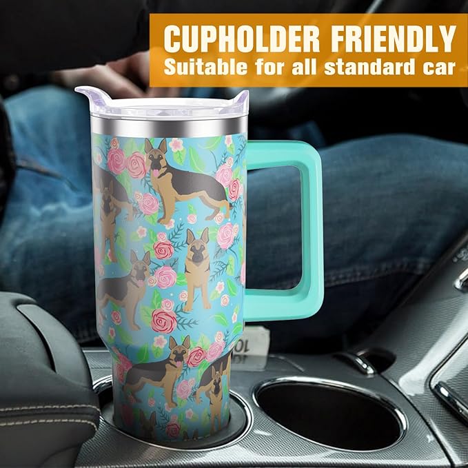 German Shepherd Gifts for Women Dog Lovers 40 oz Floral German Shepherd Tumblers with Handle and Straw, Stainless Steel Vacuum Insulated Travel Coffee Mug Cup Water Bottle