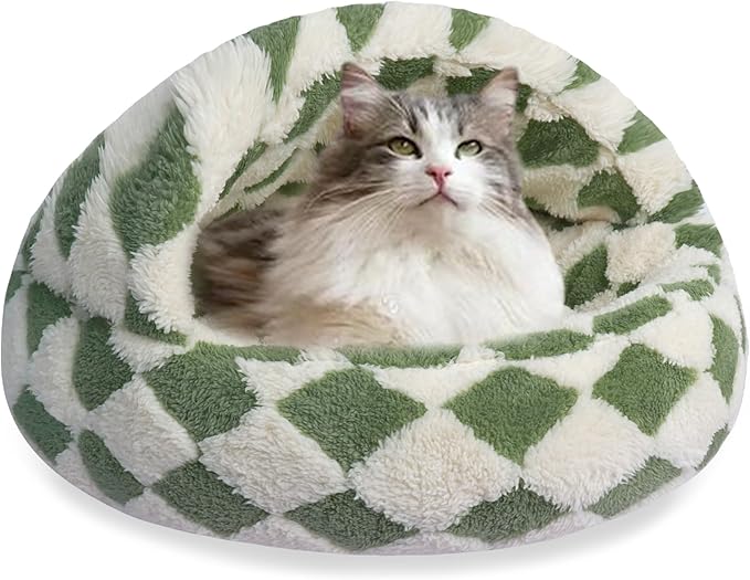HYQ Cat Beds for Indoor Cats, Small Dog Bed with Cover Cave, Cozy Cat Cave Bed, Round Puppy Bed with Hooded Cover, Dog Beds for Small Dogs with Anti-Slip Bottom(Green, 20×20 Inch)