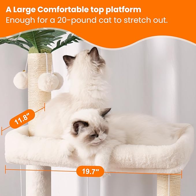 Heybly Wood Cat Tree for Indoor Cats, Cat Condo for Large Cats with Self Groomer, Modern Cat Scratching Tower with Basket, Hammock, Dangling Ball and Leaves, Rustic Brown HCT120SR