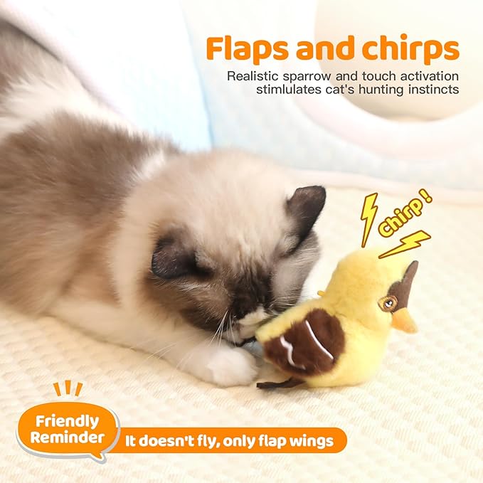 Rechargeable Cat Toys Flapping Bird,Touch-Activated Interactive Toy with Lifelike Chirp for Indoor Cats & Kittens Exercise (Goldfinch
