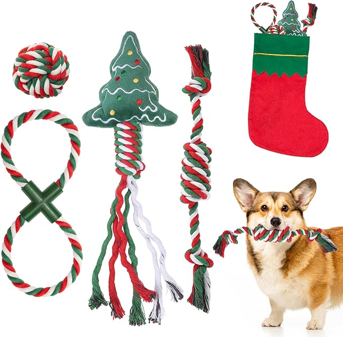 SCENEREAL Christmas Dog Rope Toys, 4pcs Doggy Chew Toys with Stocking for Teething Cleaning, Squeaky Plush Puppy Toy, Interactive Dog Stocking Stuffers, Xmas Gifts for Small Medium Large Dogs
