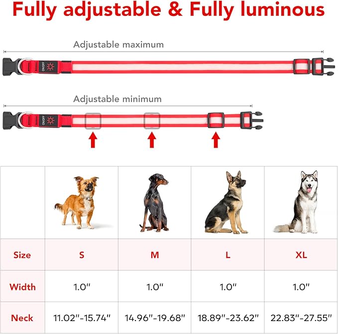 Vizpet LED Dog Collar, Light Up Dog Collar Adjustable USB Rechargeable Super Bright Safety Light Glowing Collars for Dogs(Large,Red)