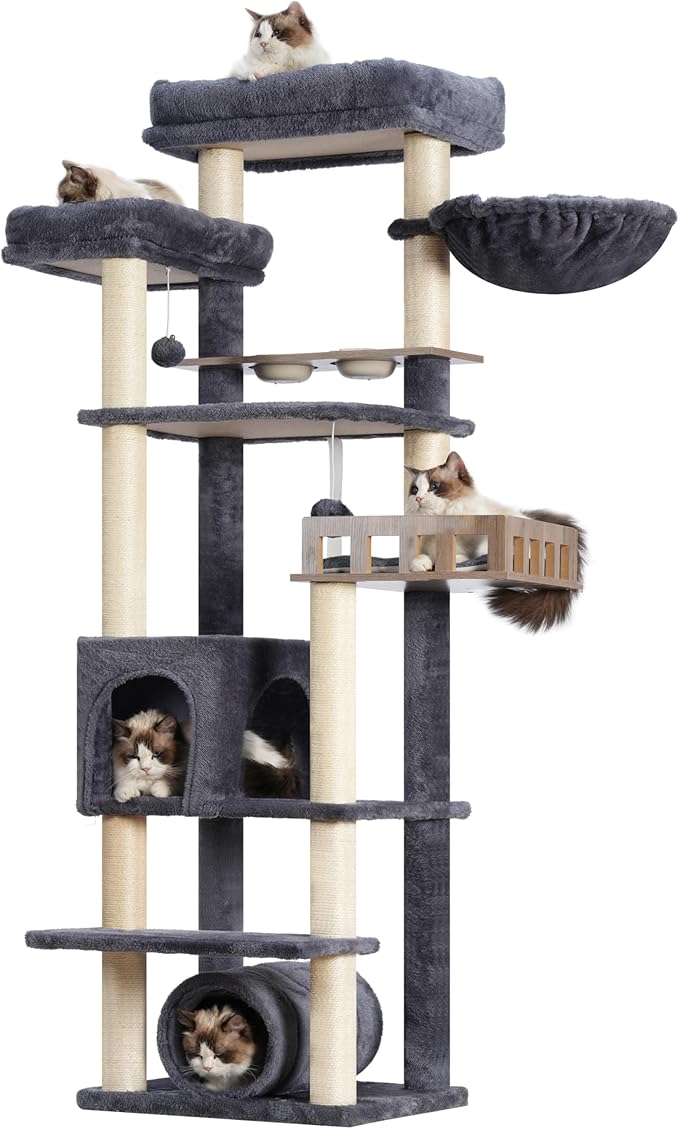 Cat Tree with Tunnel, Cat Tower for Indoor Cats, Tall Cat Tree Tower with Cat Condo, Food Station, Large Platform, Scratching Posts, Hammock, Smoky Gray GCT021G