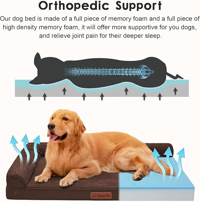 Orthopedic Dog Beds Large Sized Dog, 3 Inch Memory Foam Pet Bed for Medium and Large Dogs, Washable Removable Cover, Nonskid Bottom, Waterproof, 44x32 Inches XXL Brown Grey