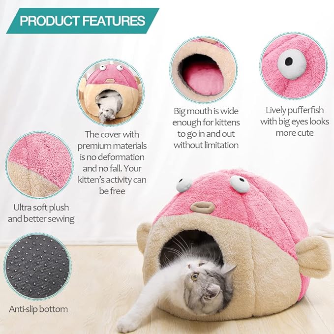 Cat Beds for Indoor Cats - Cat Bed Cave with Removable Washable Cushioned Pillow, Soft Plush Premium Cotton No Deformation Pet Bed, Lively Pufferfish Cat House Design, Pink, Multiple Sizes(L)