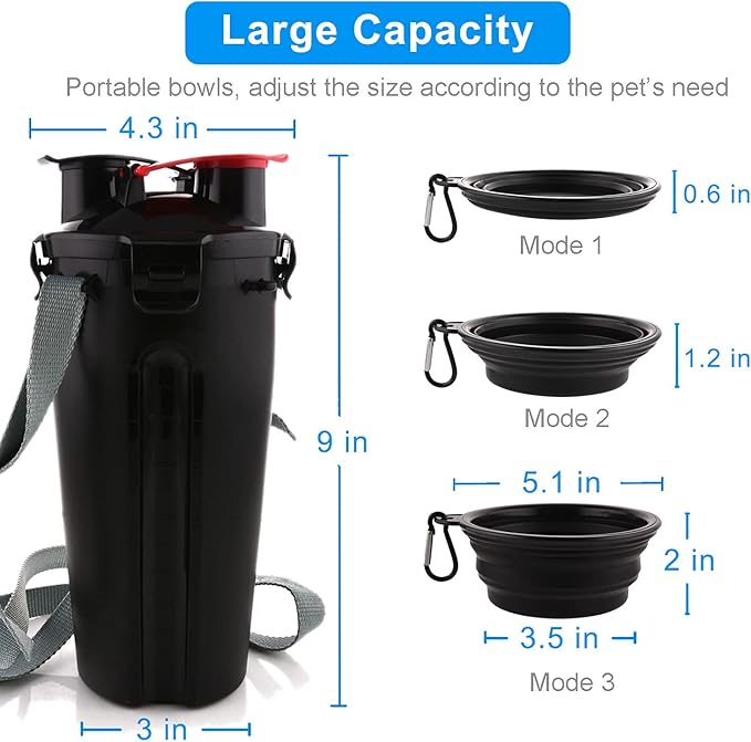 Dog Travel Water Bottle Collapsible Bowls, 2 in 1 Pet Food Container with Collapse Bowls, Outdoor Portable Water Bowls for Walking, Traveling, Camping and Hiking (Black)