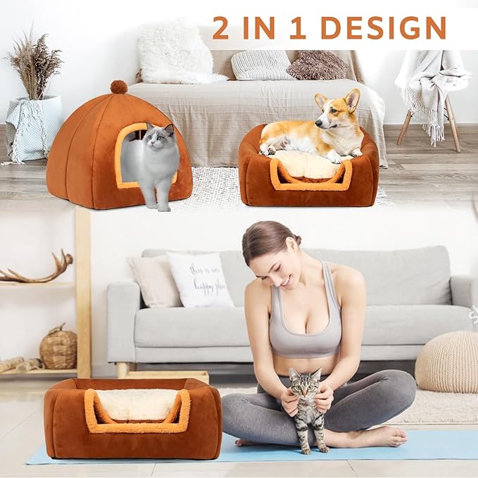 Cat Bed Cave for Indoor Cats,Cat House Tent Bed with Removable Washable Cushioned Pillow, 2-in-2 Kitten Beds for Indoor Kittens,Pet Bed
