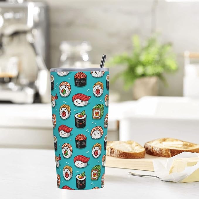 Dujiea 20oz Tumbler With Lid And Straw, Funny Food Sushi Vacuum Insulated Iced Coffee Mug Reusable Travel Cup Stainless Steel Water Bottle