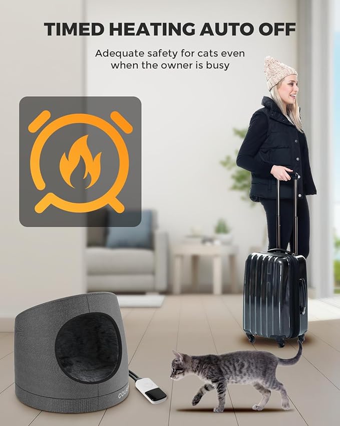 Courpal® Heated Cat Cave Bed for Indoor Cats - Surround Heating Enclosed Round Cat Dome with Adjustable Heating & Timing - Large Warm Cat Hut with FauxFur Lining for Winter Sleep - Up to 18 Lbs