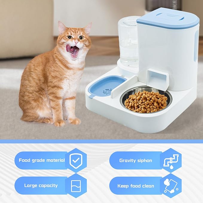 Automatic Cat Food and Water Dispenser Set 2 in 1, All-in-One Gravity Pet Feeder with Stainless Steel Cat Food Bowl Travel Auto Supply Feeder and Water Dispenser for Small Medium Cats Dogs (Blue)
