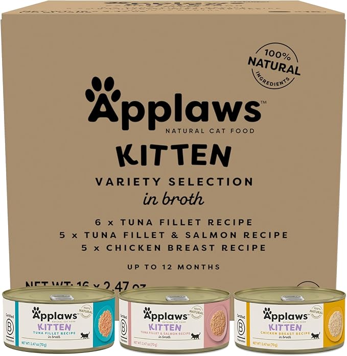 Applaws Natural Wet Kitten Food, Limited Ingredient, Grain-Free, Protein with No Artificial Additives, Kitten Variety in Broth Cans (16 x 2.47oz Cans)