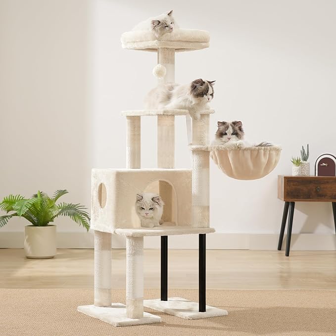 Heybly Cat Tree, 49.2 Inches Cat Tower for Indoor Cats, Spacious Cat House Condo with Hidden Space,Sturdy Steel Tube,Soft Plush Top Perch,Cozy Hammock and Sisal Scratching Posts, Beige HCT200SM