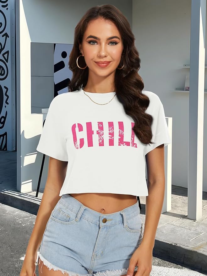 Womens Summer Crop Tops Short Sleeve Round Neck T-Shirts Loose Fit Casual Blouse