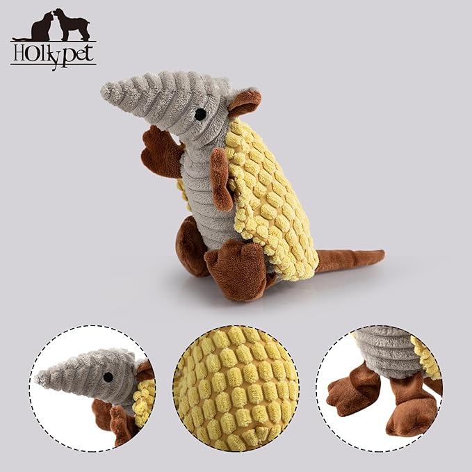 Hollypet Plush Dog Squeaky Toy Stuffed Armadillo Animal Pet Puppy Chew Toys with Clean Teeth for Small Medium Large All Breed Sizes Dogs, Yellow, 8 in