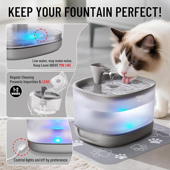 Veken Cat Water Fountain with Detachable Tank, Easy to Clean & Assemble, 84oz/2.5L Automatic Pet Drinking Dispenser with Quiet Operation & LED Light for Cats, Dogs and Small Pets, Grey